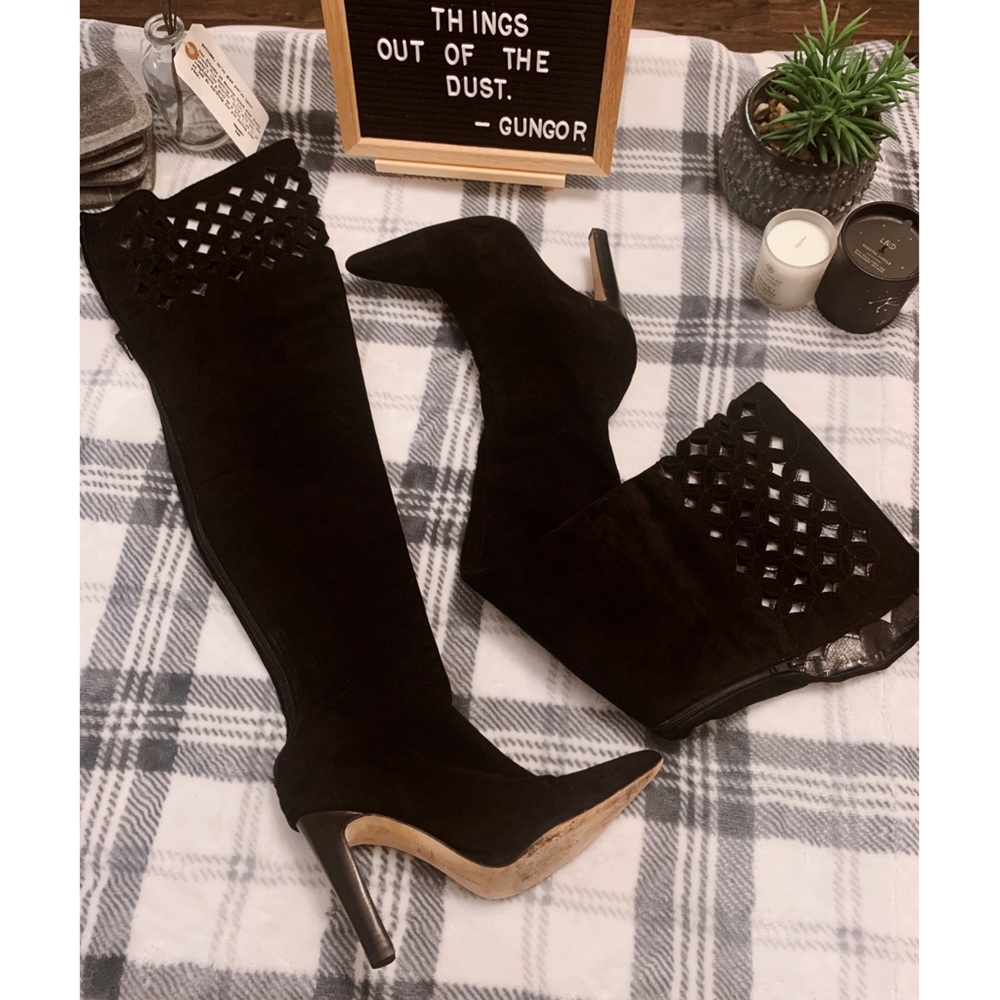 Manolo Blahnik Black Suede Thigh High boots